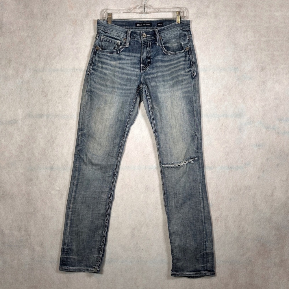 BKE Jeans Mens 29x32 Jake Straight Blue Good Distressed Blowout Knee Denim